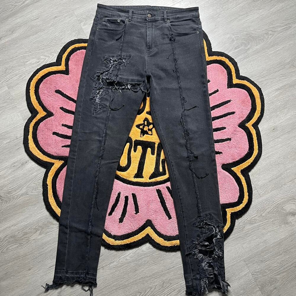 Val Kristopher Eroded Repaired Distress Denim Jeans Size 34 Black